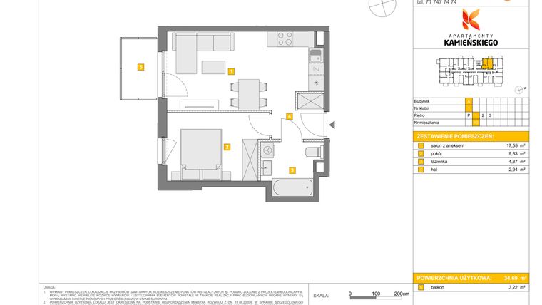 Rzut - Mieszkanie na sprzedaż 2 pokoje o powierzchni 34,69 m² - numer A10 w Apartamenty Kamieńskiego