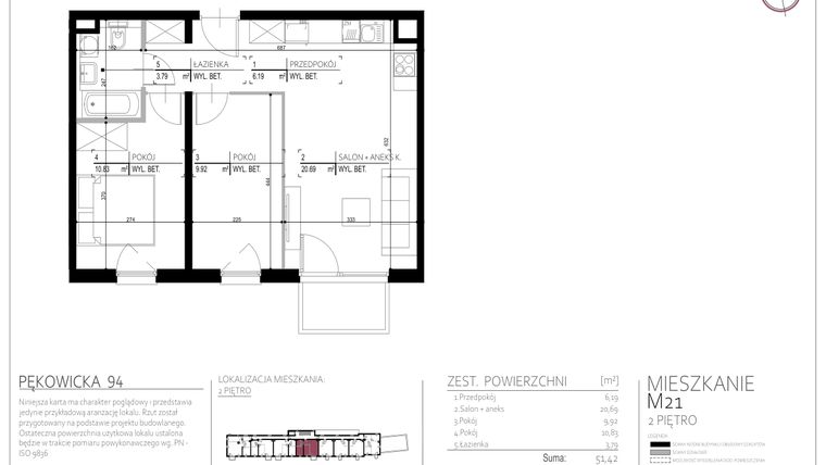 Rzut - Mieszkanie na sprzedaż 3 pokoje o powierzchni 51,42 m² - numer M21 w Pękowicka 94