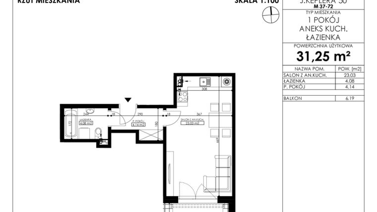 Rzut - Mieszkanie na sprzedaż 1 pokój o powierzchni 31,25 m² - numer JAR-A-LM-M62 w Osiedle JAR Heweliusza