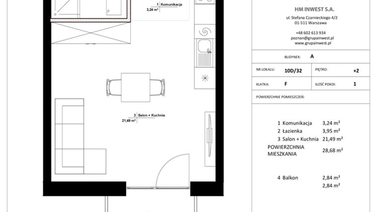 Rzut - Mieszkanie na sprzedaż 1 pokój o powierzchni 28,68 m² - numer 10D/32 w Jasielska 8C etap II