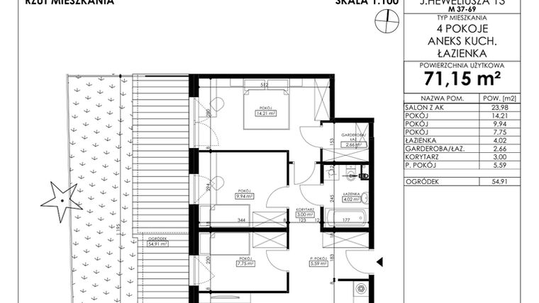 Rzut - Mieszkanie na sprzedaż 4 pokoje o powierzchni 71,15 m² - numer JAR-II-B-LM-M46 w Osiedle JAR Heweliusza etap II