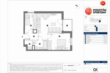 Rzut - Mieszkanie na sprzedaż 3 pokoje o powierzchni 50,72 m² - numer B.41 w Mokotów Sportowy
