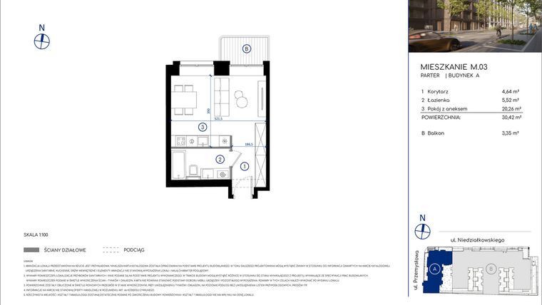 Rzut - Mieszkanie na sprzedaż 1 pokój o powierzchni 30,42 m² - numer M.03 w Niedziałkowskiego Park