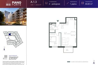 Rzut - Mieszkanie na sprzedaż 1 pokój o powierzchni 60,84 m² - numer A.1.03 w Piano