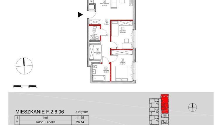 Rzut - Mieszkanie na sprzedaż 3 pokoje o powierzchni 74,07 m² - numer F.2.6.06 w ATAL SKY+ bud. D-F