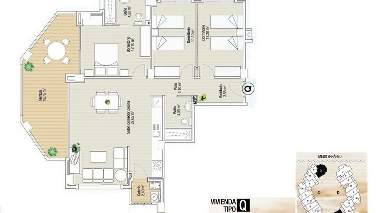 Rzut - Mieszkanie na sprzedaż 3 pokoje o powierzchni 130 m² - numer P_3 w Apartamenty w La Manga, RD-71339