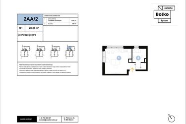 Rzut - Mieszkanie na sprzedaż 1 pokój o powierzchni 28,36 m² - numer 2AA/2 w Osiedle Bolko etap II