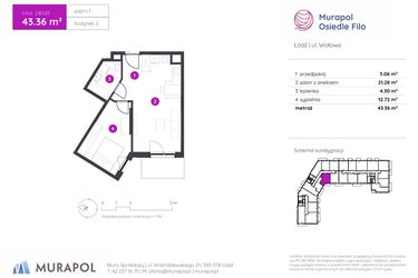 Rzut - Mieszkanie na sprzedaż 2 pokoje o powierzchni 43,36 m² - numer 2.B.1.05 w Murapol Osiedle Filo etap II
