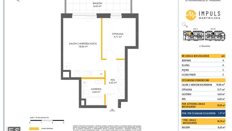 Rzut - Mieszkanie na sprzedaż 2 pokoje o powierzchni 40,5 m² - numer A/63 w Impuls Marywilska