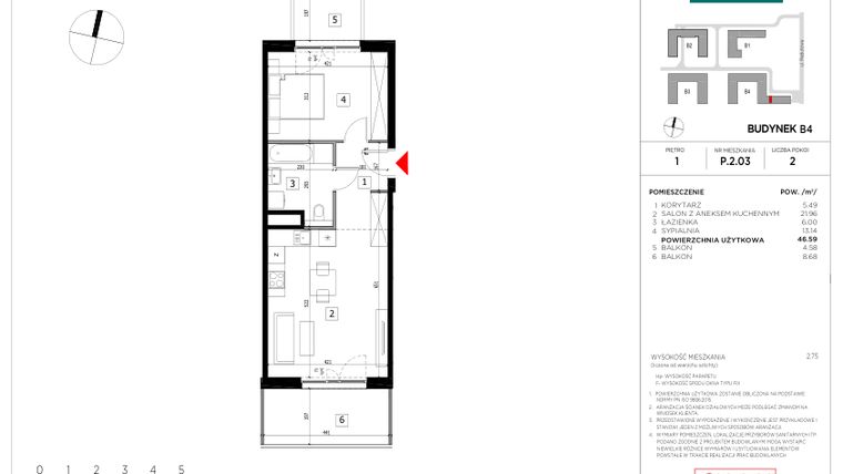 Rzut - Mieszkanie na sprzedaż 2 pokoje o powierzchni 46,59 m² - numer P.2.03 w CityFlow etap II