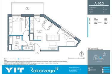Rzut - Mieszkanie na sprzedaż 2 pokoje o powierzchni 43,35 m² - numer A.10.3 w Rakoczego 17