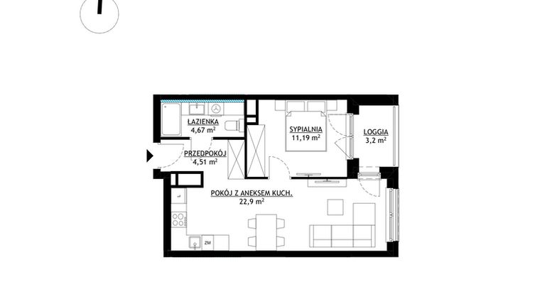 Rzut - Mieszkanie na sprzedaż 2 pokoje o powierzchni 43,27 m² - numer A17 w FUTURO
