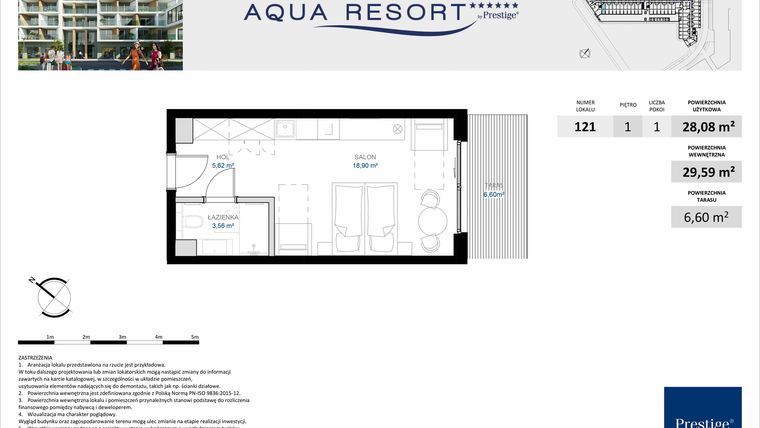 Rzut - Mieszkanie na sprzedaż 1 pokój o powierzchni 29,45 m² - numer 121 w Aqua Resort
