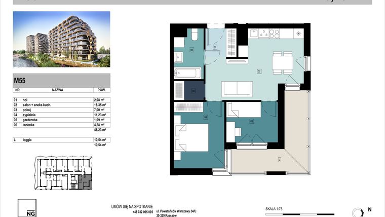 Rzut - Mieszkanie na sprzedaż 3 pokoje o powierzchni 46,23 m² - numer C55 w Panorama Kwiatkowskiego