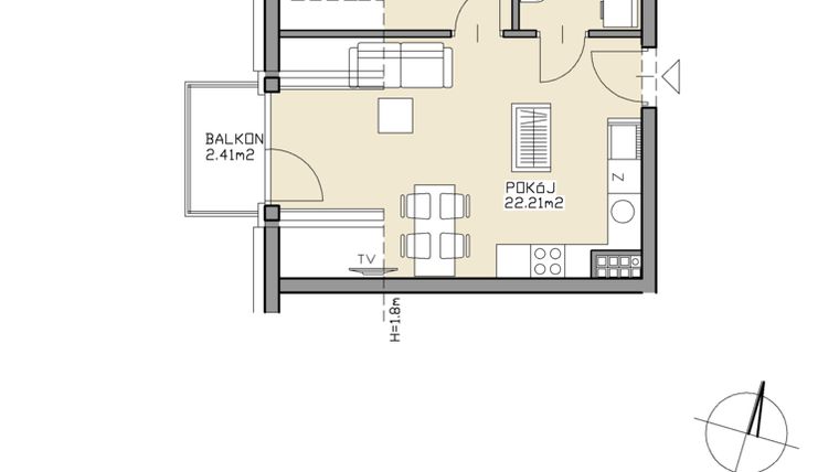 Rzut - Mieszkanie na sprzedaż 2 pokoje o powierzchni 33,73 m² - numer 44 w Apartamenty Zdrój