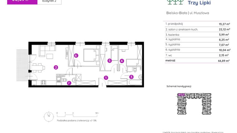 Rzut - Mieszkanie na sprzedaż 4 pokoje o powierzchni 67,25 m² - numer 2.A.0.07 w Murapol Trzy Lipki etap II