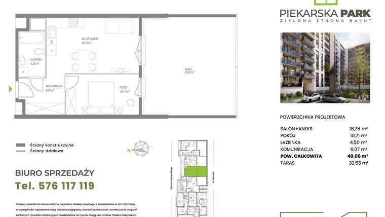 Rzut - Mieszkanie na sprzedaż 2 pokoje o powierzchni 40,06 m² - numer A1.3 w Piekarska Park