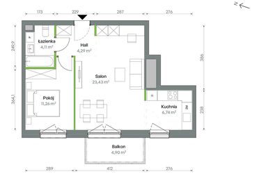 Rzut - Mieszkanie na sprzedaż 2 pokoje o powierzchni 49,83 m² - numer 1/A/2/44 w Oliwska Vita
