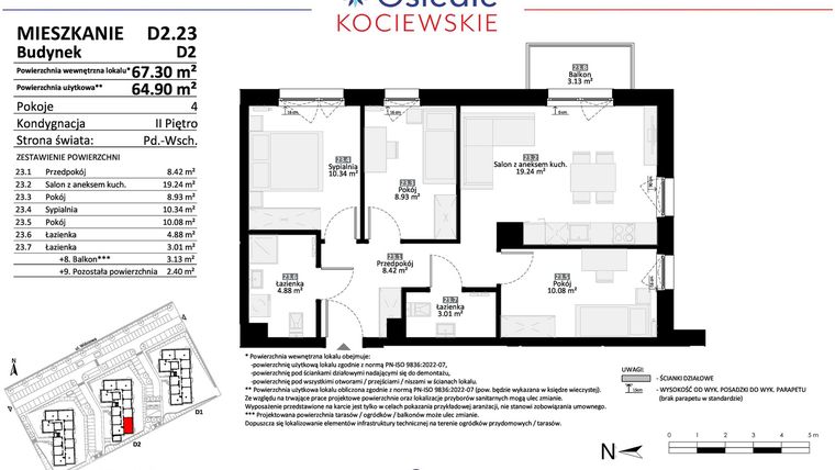 Rzut - Mieszkanie na sprzedaż 4 pokoje o powierzchni 64,74 m² - numer D2.23 w Osiedle Kociewskie etap IV