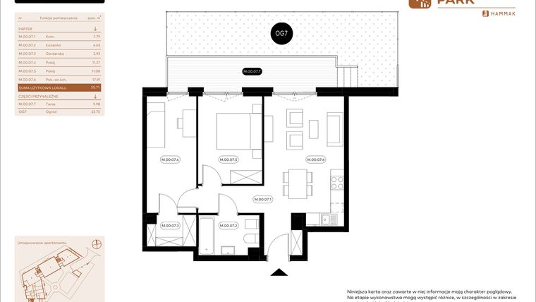 Rzut - Mieszkanie na sprzedaż 3 pokoje o powierzchni 55,71 m² - numer 0.07 w Białoprądnicka Park