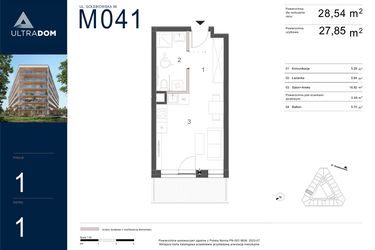 Rzut - Mieszkanie na sprzedaż 1 pokój o powierzchni 28,54 m² - numer M041 w Ultradom