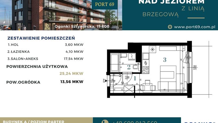 Rzut - Mieszkanie na sprzedaż 1 pokój o powierzchni 25,24 m² - numer A-01 w Port 69