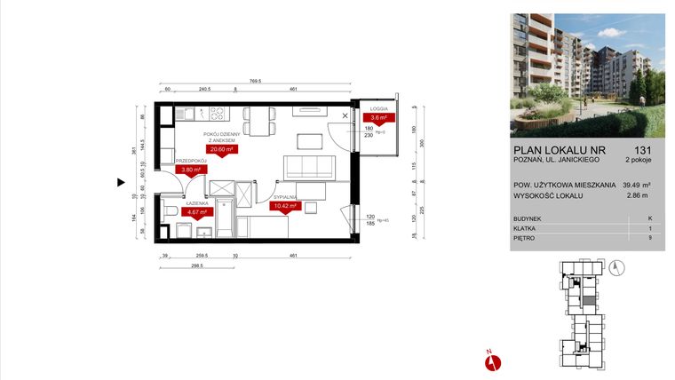 Rzut - Mieszkanie na sprzedaż 2 pokoje o powierzchni 39,49 m² - numer K.131 w Wieża Jeżyce etap V