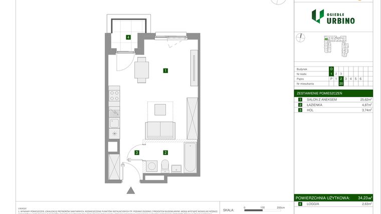 Rzut - Mieszkanie na sprzedaż 1 pokój o powierzchni 34,23 m² - numer 20 w Osiedle Urbino etap 1.4