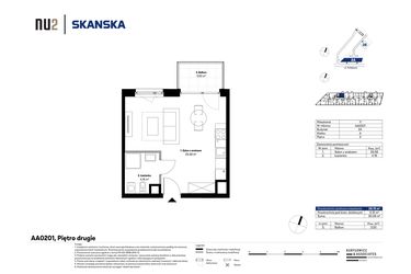Rzut - Mieszkanie na sprzedaż 1 pokój o powierzchni 29,75 m² - numer AA0201 w NU2 Warszawa Wola - apartamenty wykończone pod klucz