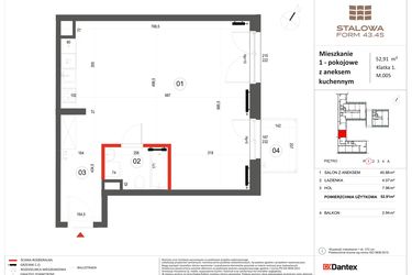Rzut - Mieszkanie na sprzedaż 1 pokój o powierzchni 52,91 m² - numer 5 w Stalowa Form 43.45