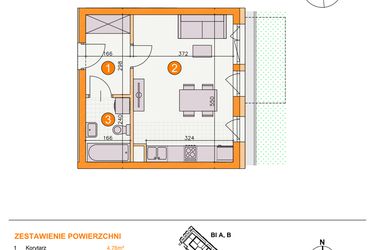 Rzut - Mieszkanie na sprzedaż 1 pokój o powierzchni 28,35 m² - numer BII/B3 w Osiedle Bocianie Gniazdo 2