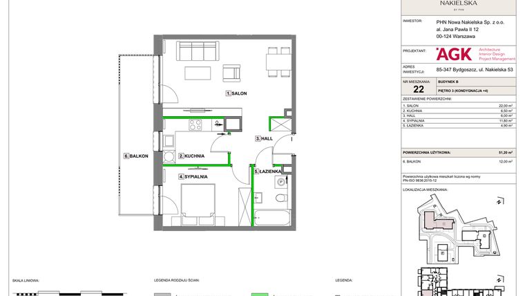 Rzut - Mieszkanie na sprzedaż 2 pokoje o powierzchni 51,2 m² - numer NN-B-LM-22 w Nowa Nakielska by PHN