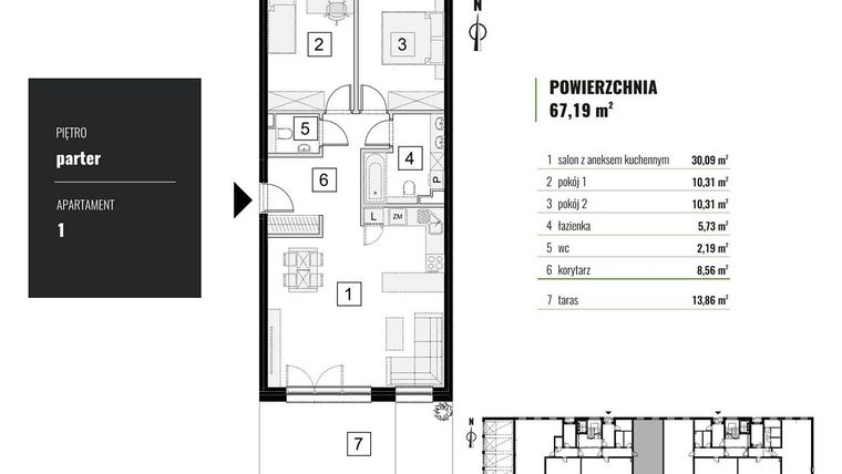 Rzut - Mieszkanie na sprzedaż 3 pokoje o powierzchni 67,19 m² - numer M.1 w Zielony Horyzont II