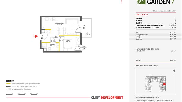 Rzut - Mieszkanie na sprzedaż 2 pokoje o powierzchni 32,82 m² - numer 64 w Nova Viva Garden 7