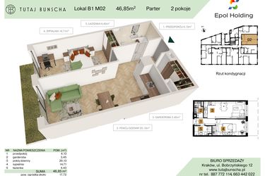 Rzut - Mieszkanie na sprzedaż 2 pokoje o powierzchni 46,85 m² - numer B1.M2 w Tutaj Bunscha