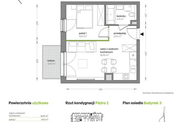 Rzut - Mieszkanie na sprzedaż 2 pokoje o powierzchni 35,92 m² - numer B3/B/23 w Ceglana Park