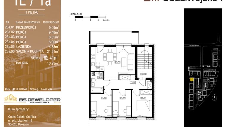 Rzut - Mieszkanie na sprzedaż 4 pokoje o powierzchni 62,41 m² - numer 1E/1a w Budziwojska 3
