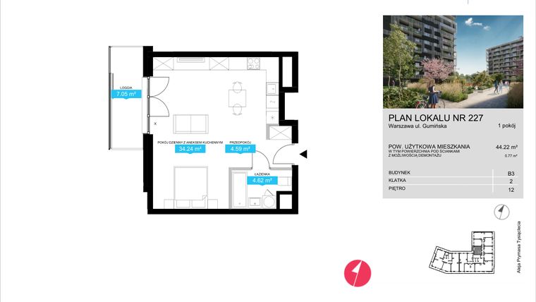 Rzut - Mieszkanie na sprzedaż 1 pokój o powierzchni 44,22 m² - numer B3.227 w Stacja Wola - Etap III