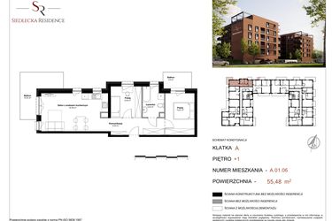 Rzut - Mieszkanie na sprzedaż 3 pokoje o powierzchni 55,48 m² - numer A-01-06 w Siedlecka Residence