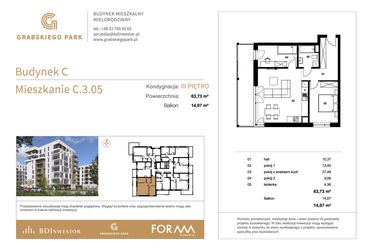 Rzut - Mieszkanie na sprzedaż 3 pokoje o powierzchni 63,73 m² - numer C.3.05 w Grabskiego Park