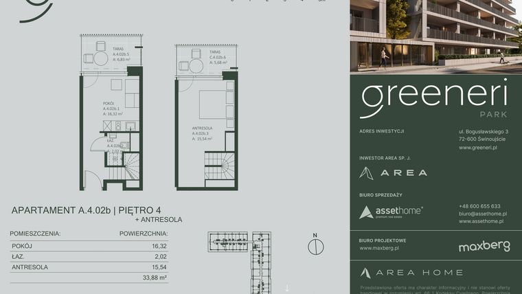Rzut - Mieszkanie na sprzedaż 2 pokoje o powierzchni 33,88 m² - numer A.4.02b w Greeneri Park
