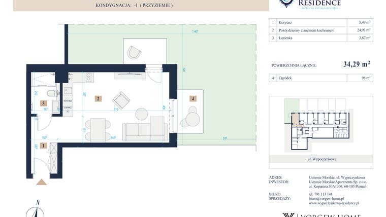 Rzut - Mieszkanie na sprzedaż 1 pokój o powierzchni 34,29 m² - numer 1 w Wypoczynkowa Residence - apartamenty inwestycyjne