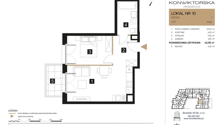 Rzut - Mieszkanie na sprzedaż 2 pokoje o powierzchni 43,98 m² - numer 10 w Konwiktorska Residence