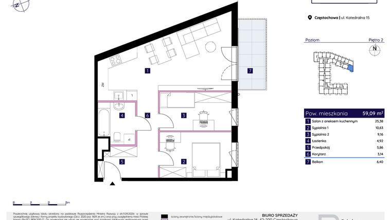 Rzut - Mieszkanie na sprzedaż 3 pokoje o powierzchni 59,09 m² - numer 15/13 w Osiedle Neonowe
