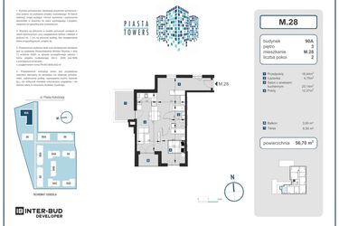 Rzut - Mieszkanie na sprzedaż 2 pokoje o powierzchni 56,7 m² - numer 28 w Piasta Towers bud. 90A