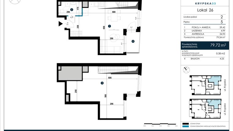 Rzut - Mieszkanie na sprzedaż 3 pokoje o powierzchni 79,72 m² - numer M26 w Krypska 33