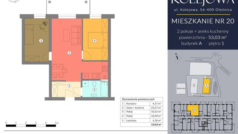 Rzut - Mieszkanie na sprzedaż 3 pokoje o powierzchni 53,03 m² - numer A.20 w Osiedle Kolejowa