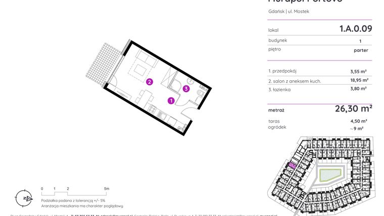 Rzut - Mieszkanie na sprzedaż 1 pokój o powierzchni 26,3 m² - numer 1.A.0.09 w Murapol Portovo etap II
