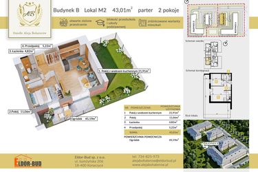 Rzut - Mieszkanie na sprzedaż 2 pokoje o powierzchni 43,01 m² - numer B.2 w Aleja Bohaterów