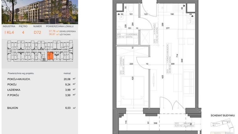Rzut - Mieszkanie na sprzedaż 2 pokoje o powierzchni 36,81 m² - numer I-D72 w Industria etap I-D oraz I-C